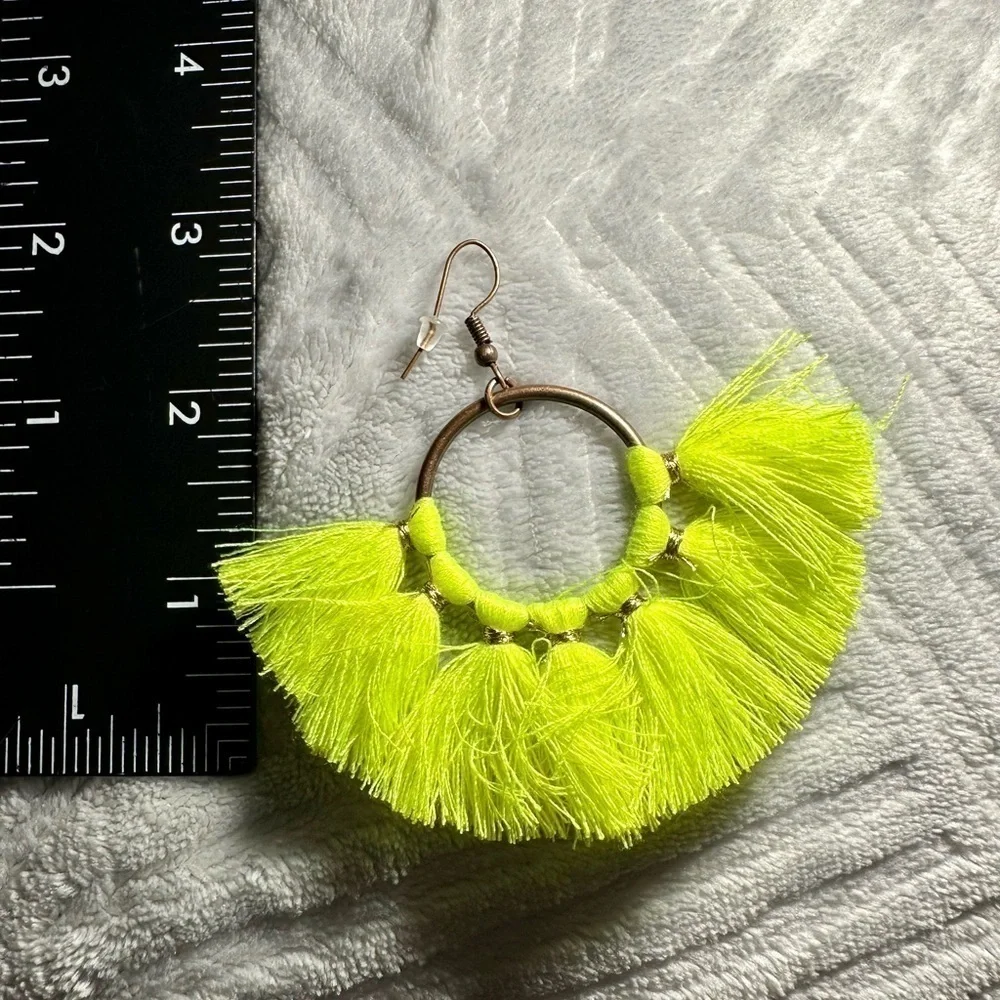 Boho Earrings YELLOW Fringe Bronze Ring Pendant Ethnic Earrings - Picture 4 of 4
